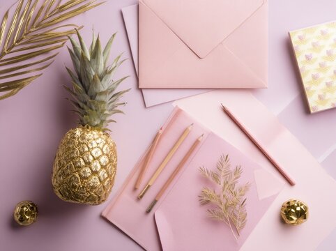Pink stationery and gold pineapple on a pastel background