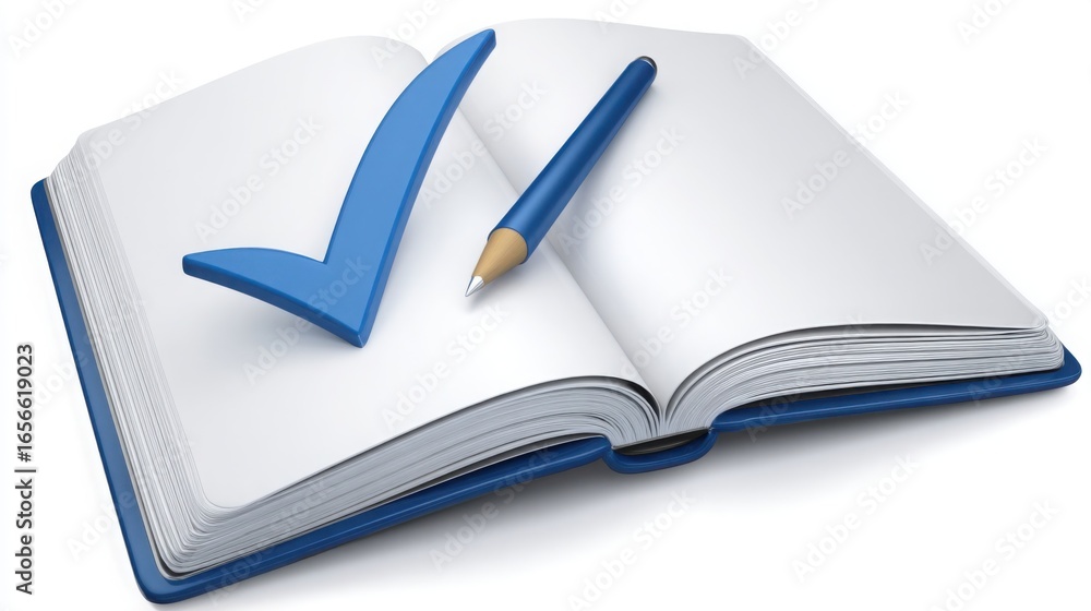 Poster detailed book with pencil and check mark representing blockchain audited entry attempt logbook conce