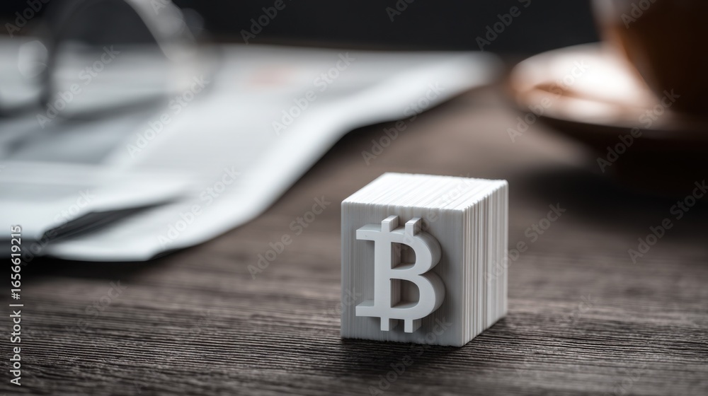 Aufkleber block of paper with bitcoin illustrating blockchain audited entry metrics and financial insights