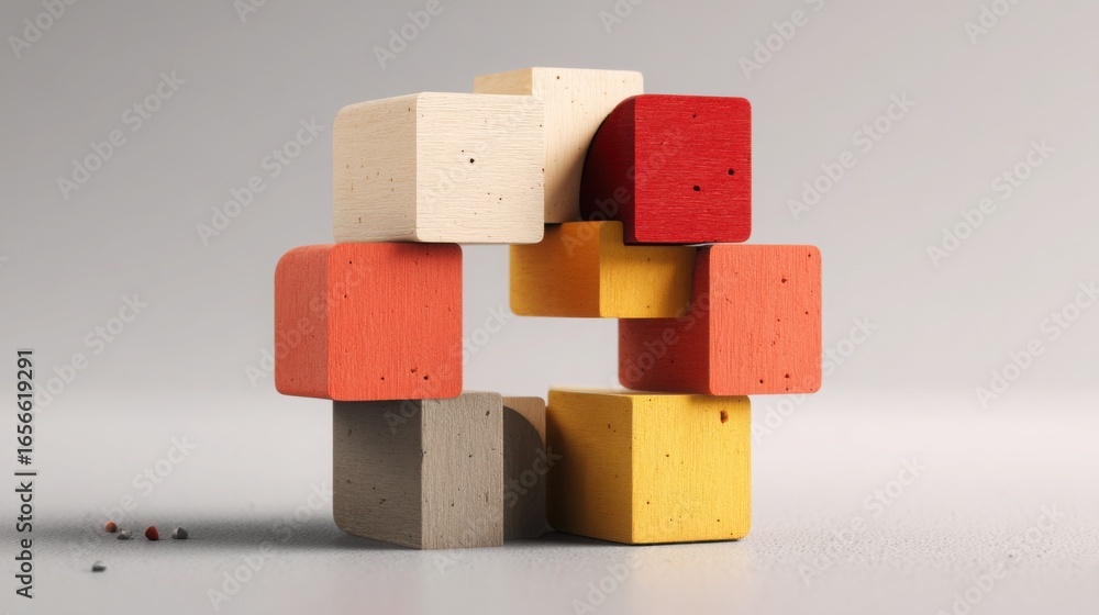 Poster stacked wooden blocks depicting timeline concept for blockchain audited entry interaction and progre