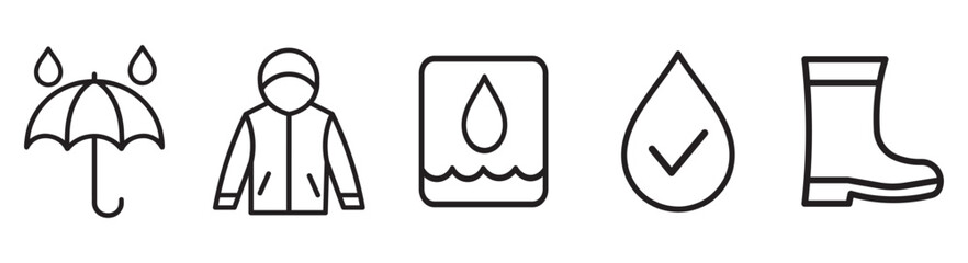 Waterproof and water resistant line icon set. Water repellent symbols. Hydrophobic material. Drop protection pictogram. IP rating proof sign. Outline vector icons.