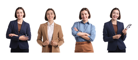 Young hostess on white background, set of portraits
