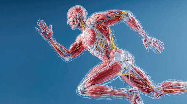 Anatomical illustration of a running man, showing muscles, bones, and tendons