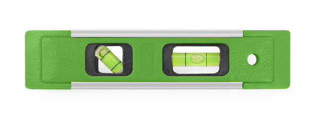 Green bubble level isolated on white. Building measuring instrument