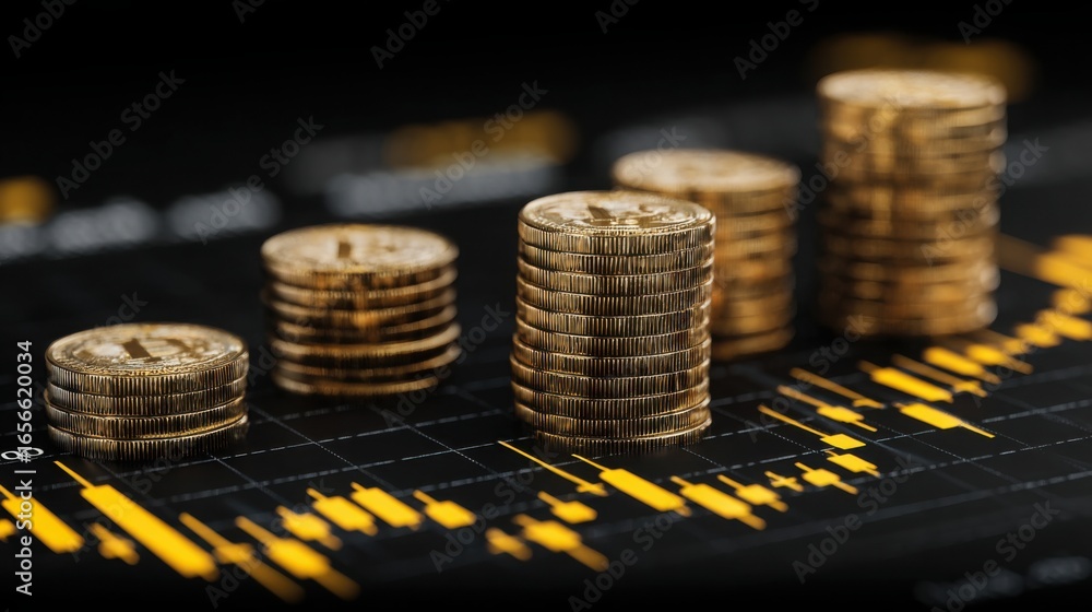 Poster stack of coins representing financial growth in blockchain-audited macroeconomic structure phase tra