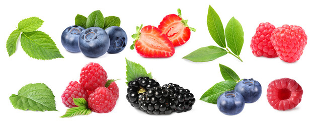 Various berries and green leaves isolated on white, set