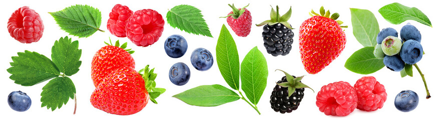 Various berries and green leaves isolated on white, set
