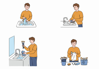 Step-by-step illustration of a man cleaning paint brushes, demonstrating proper art tool maintenance and care in a sink.