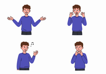 Diverse Male Expressions and Gestures: A Set of Four Character Illustrations Showing Various Emotions.