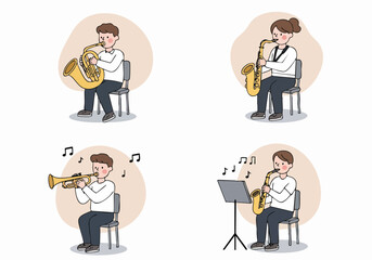 Diverse cartoon musicians playing wind instruments: saxophone, trumpet, and euphonium. Simple, charming illustrations of young individuals enjoying music practice or performance.
