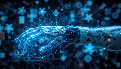 Abstract blue background with robot hand