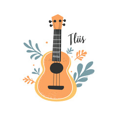 Cute cartoon ukulele illustration with decorative tropical leaves hand drawn style simple vector design for summer music theme and leisure concept