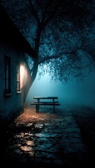 Old wooden table and tree silhouette on dark night