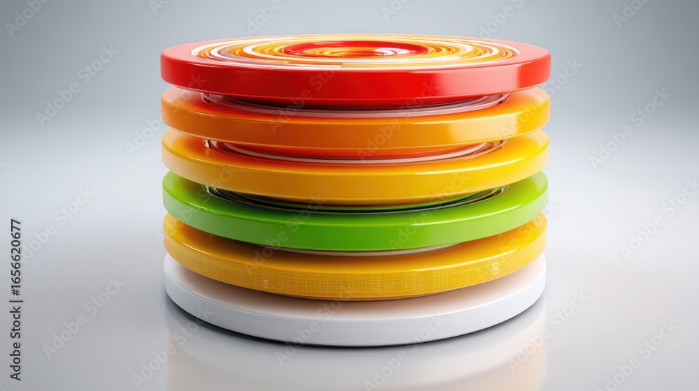 Poster stack of colorful plastic containers symbolizing blockchain-audited structure bounce database for or