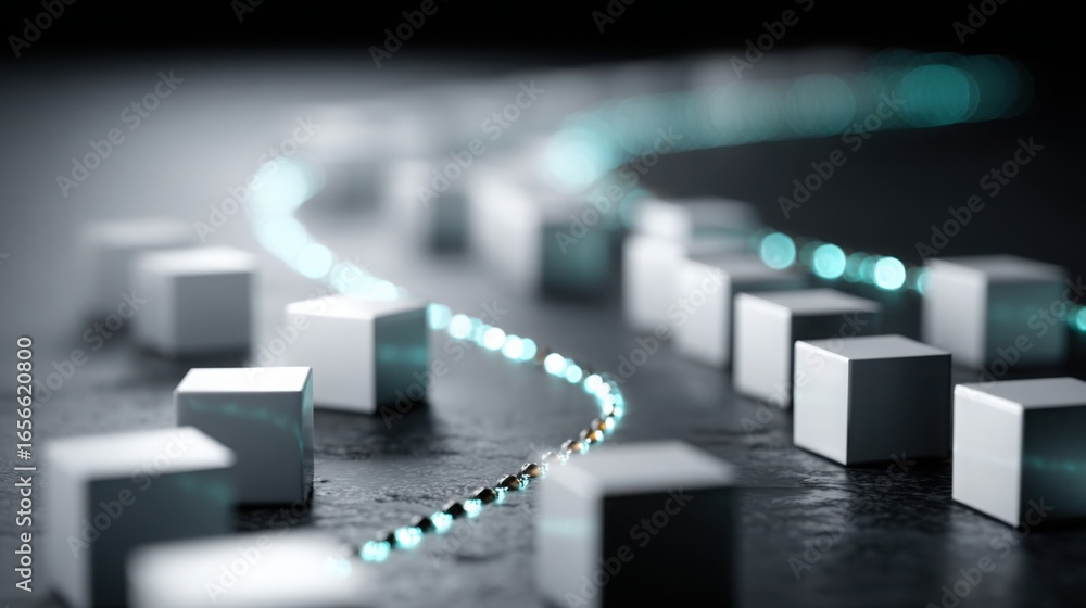 Poster bunch of white cubes symbolizing blockchain-audited swing leg alignment validator for data visualiza