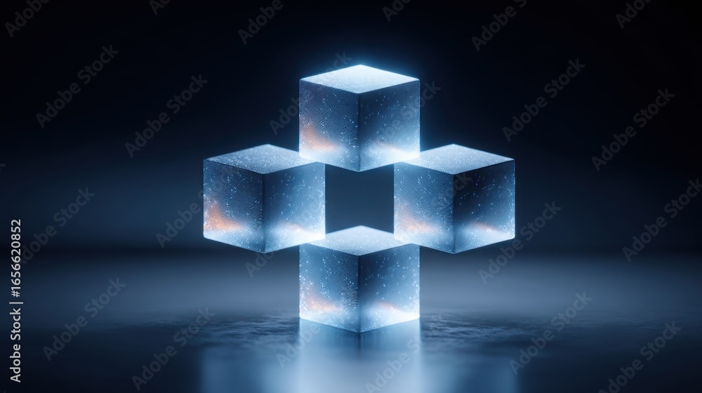 Poster glowing cube with light emitting from within representing blockchain-audited structure bounce databa