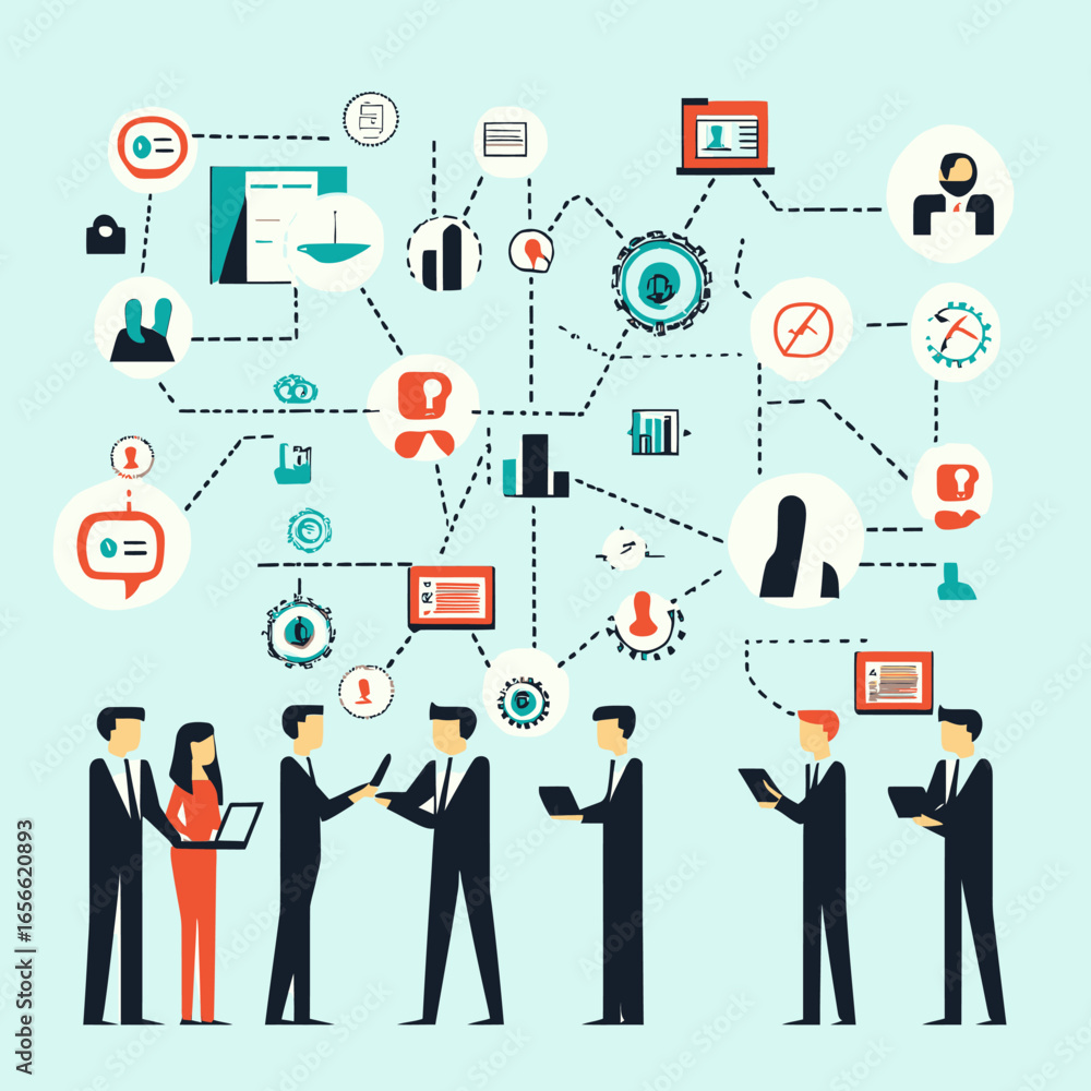 Poster business people communicating and collaborating using technology with interconnected icons represent