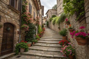 Fototapeta premium Charming narrow cobblestone street with blooming flowers and historic stone buildings in an old european town