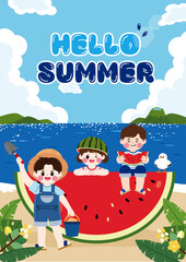 Summer illustration, summer vacation, sea background, happy people