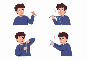 Frustrated Young Man Struggles with a Broken Zipper on His Blue Jacket, Expressing Annoyance and Anger in a Series of Illustrations.