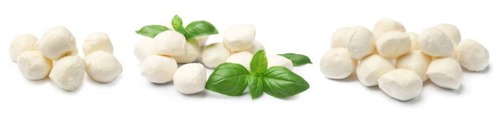 Mozzarella cheese balls with fresh basil leaves isolated on white, collage