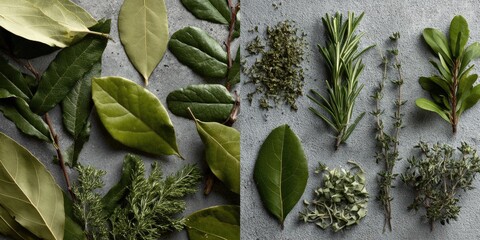 Fresh herbs and leaves arranged on a gray surface