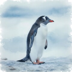 Fototapeta premium Watercolor Painting of a Gentoo Penguin Standing on Snowy Ground