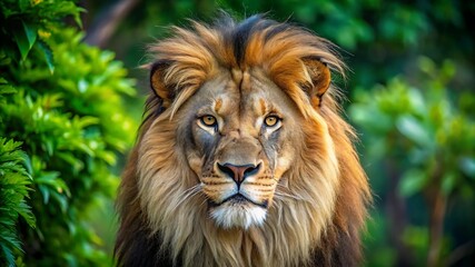 Fototapeta premium Closeup portrait of a majestic male lion with a full mane, looking intensely forward amidst lush green foliage in its natural habitat