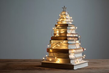 Stacked books form a creative Christmas tree, wrapped in warm fairy lights, sitting on a smooth wooden table. The cozy atmosphere enhances the festive spirit during the holiday season.