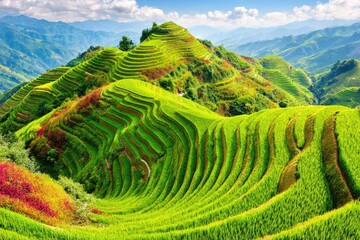 Terraced rice paddies climb hillsides under a vibrant sky