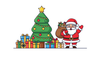 Merry Christmas illustration with Santa Claus holding a bag of gifts next to a decorated festive tree and presents. A cute and cheerful flat vector design for holiday themes.

