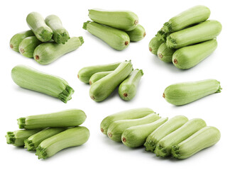 Fresh ripe zucchini isolated on white, collage