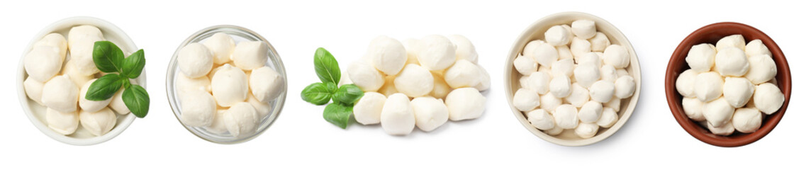 Mozzarella cheese balls with fresh basil leaves isolated on white, collage