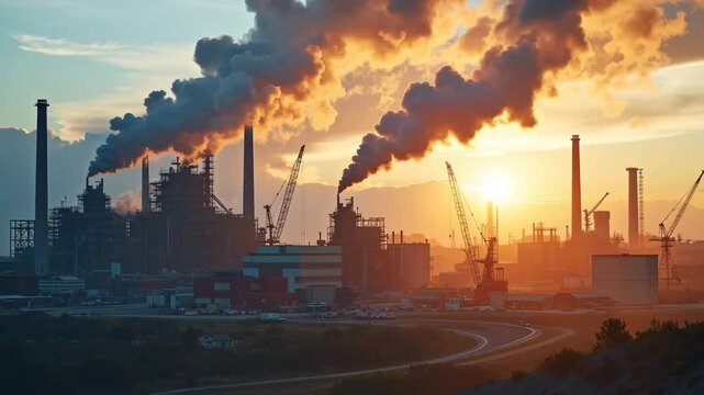 Industrial pollution fills horizon with smoke and steam near industrial plant. Industrial pollution represents a threat to environment and is an alarming climate disaster.