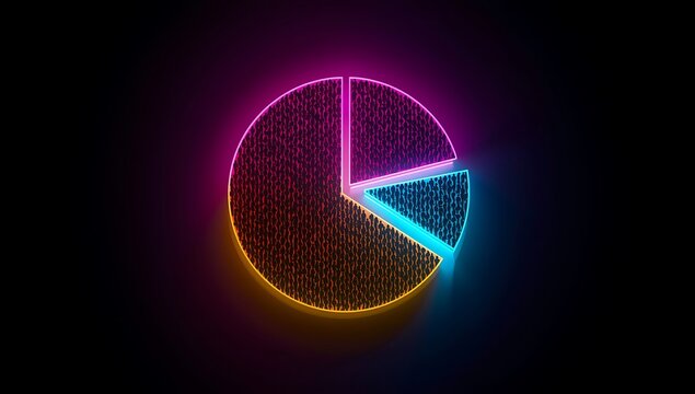 Neon pie chart glowing with vibrant colors on a dark background