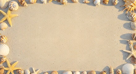 Frame made of shells and starfish on sand, perfect for summer vacation messages or beach-themed designs