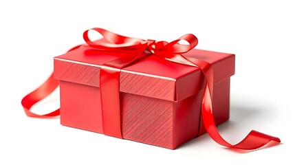 An elegant red gift box with a satin ribbon on a clean white background.