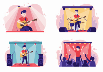 Young male musician performing live on stage in various concert settings, from solo acts to engaging a cheering audience, in flat design vector illustrations.