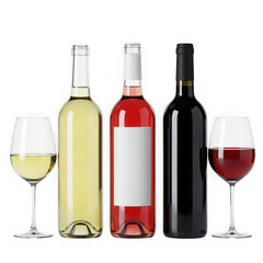 Three bottles of wine, one red, one white, and one rose, with two glasses of wine, isolated on transparent background