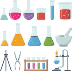 Cartoon science lab equipment illustration, chemistry glassware set, laboratory tools, educational science icons, colorful experiment beakers and flasks