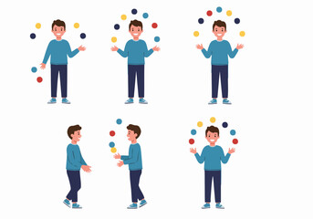 Happy Man Juggling Multicolored Spheres in Various Poses, Demonstrating Dexterity and Balance