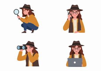 Female detective and private investigator performing various tasks: investigating with a magnifying glass, communicating on walkie-talkie, observing with binoculars, and analyzing on a laptop.