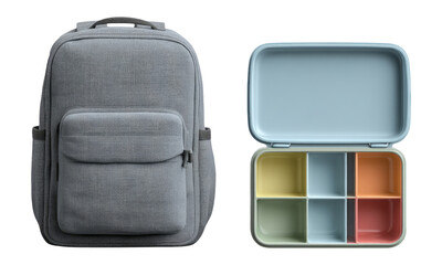 Grey Backpack and Lunch Box Set Isolated on Transparent Background