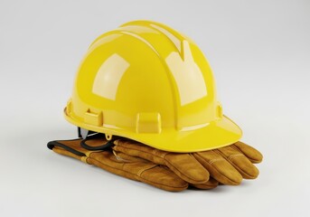 Yellow hard hat and leather work gloves isolated on white background, representing construction safety and labor