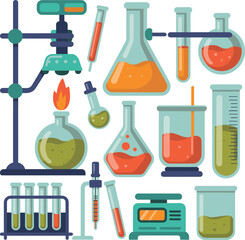 Cartoon science lab equipment illustration, chemistry glassware set, laboratory tools, educational science icons, colorful experiment beakers and flasks