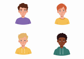 Group of diverse young boys with sad and tired expressions, depicting feelings of boredom, disappointment, or malaise.