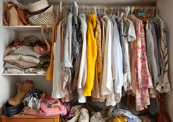 Untidy cluttered woman wardrobe with clothes and accessories.