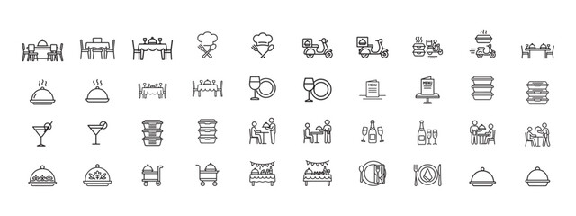 set of Catering service, food, delivery of ready meals, guest service, menu for event, banquet related line icon for watering tray, chef hat with cutlery , food delivery, hot meal box, waiter holding