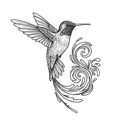 Obraz premium Hummingbird with Swirling Water Droplets Line Art Illustration