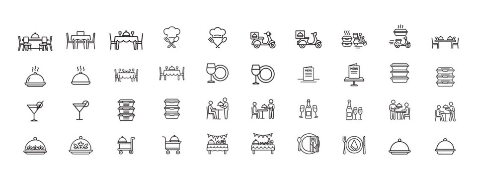 set of Catering service, food, delivery of ready meals, guest service, menu for event, banquet related line icon for watering tray, chef hat with cutlery , food delivery, hot meal box, waiter holding